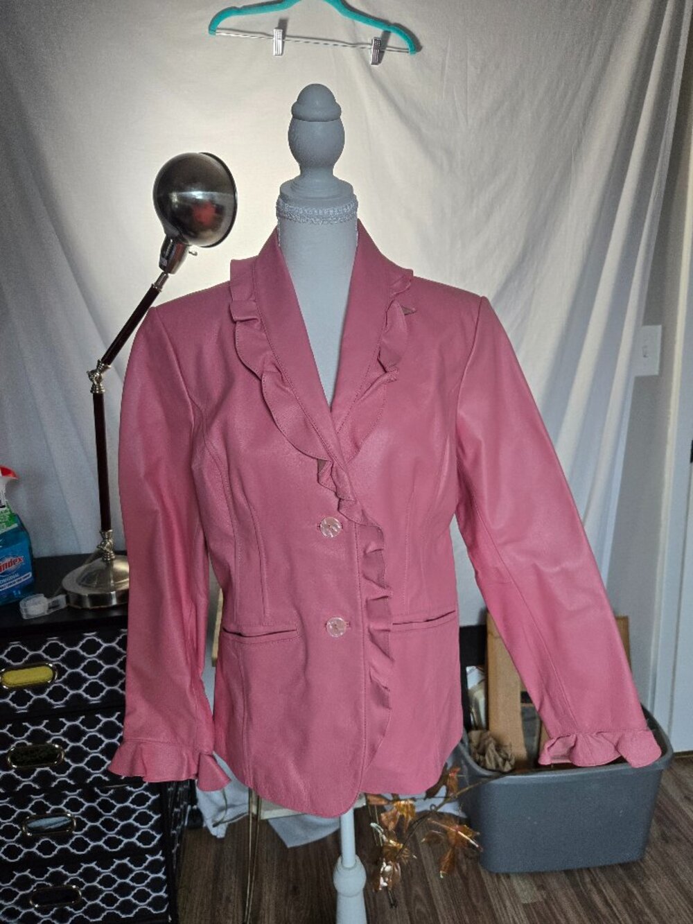 Vintage Terry Lewis Classic Luxuries Pink Ruffled Leather Jacket Size M